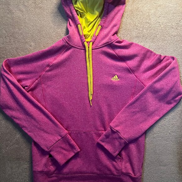Adidas Ultimate Hoodie Women Large Heather Pink‎ Yellow Trim Pullover Pocket - Picture 1 of 8